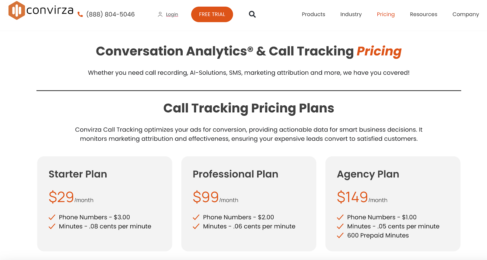 Pricing plans for Convirza's conversation analytics and call tracking