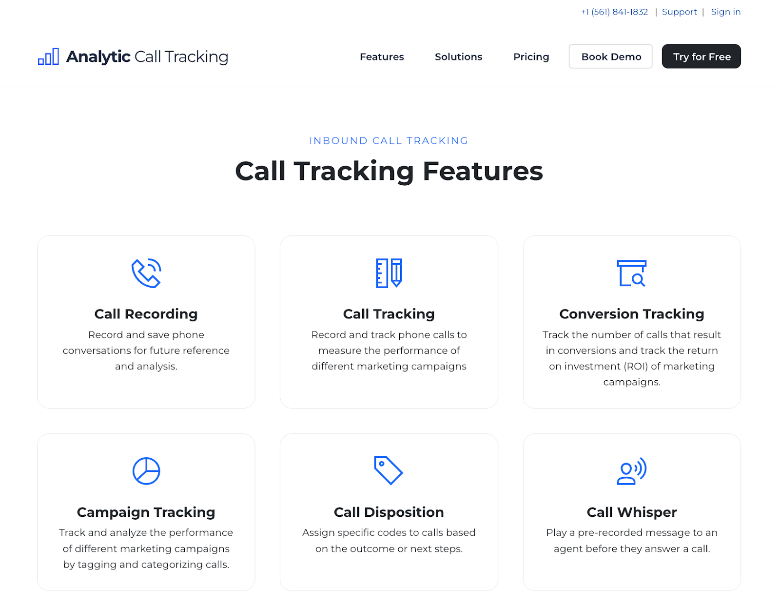Webpage showcasing Analytic Call Tracking's call tracking features.