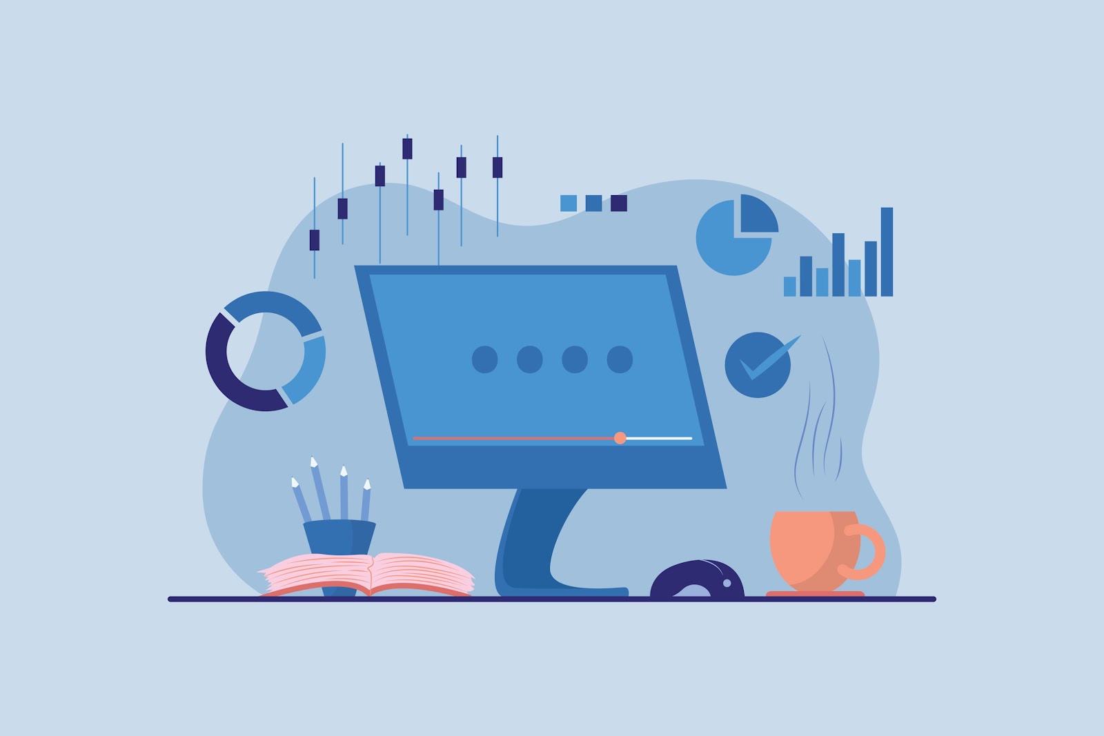 Computer illustration with social media analysis and cup of coffee
