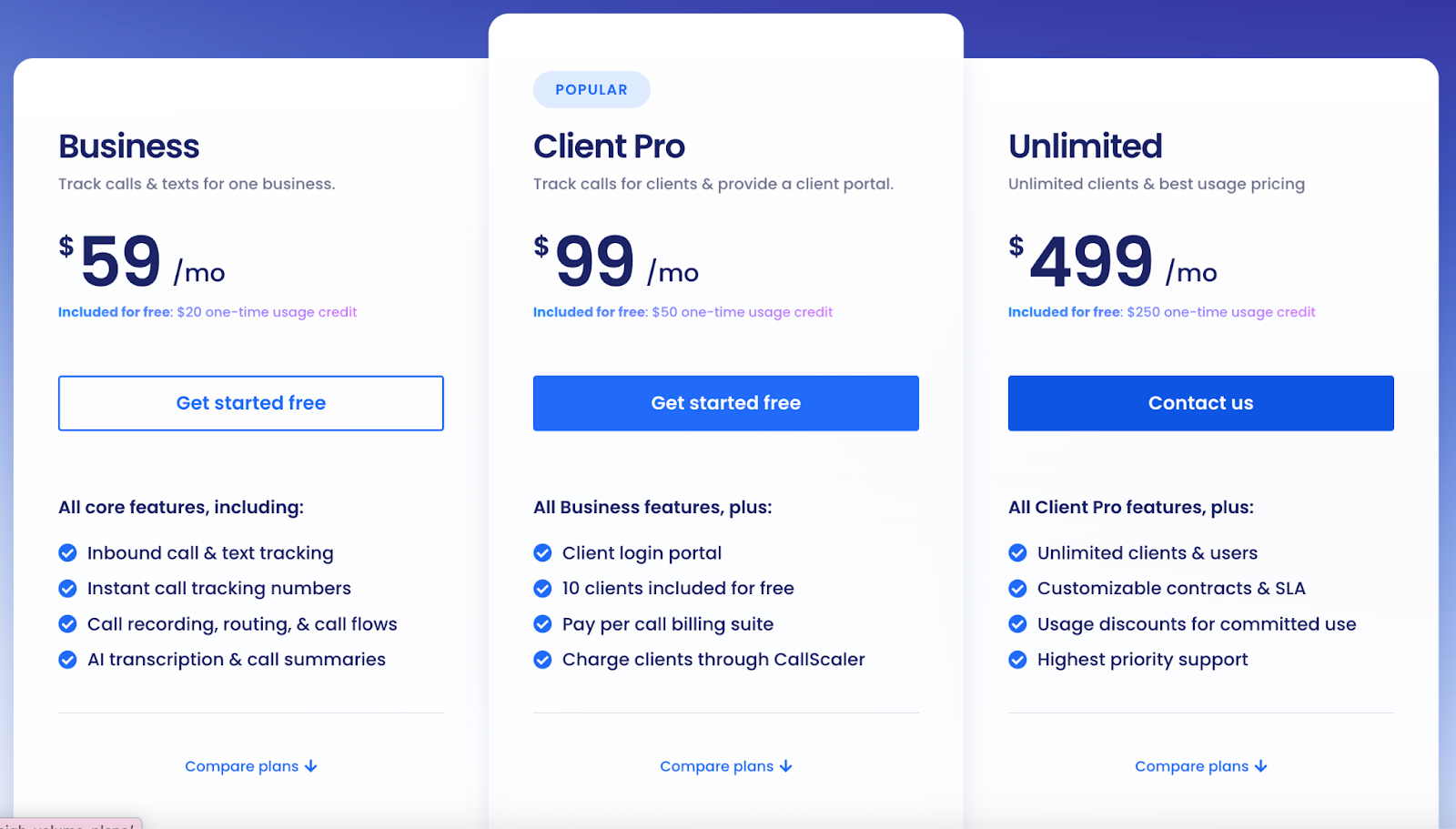 Monthly pricing plans for CallScaler