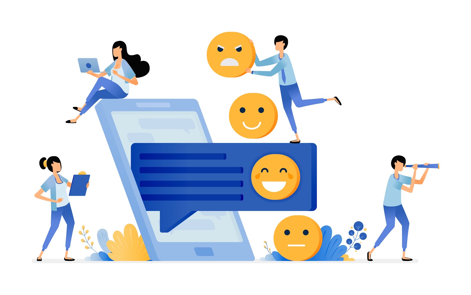 Illustration of people with emojis representing cutomer sentiment