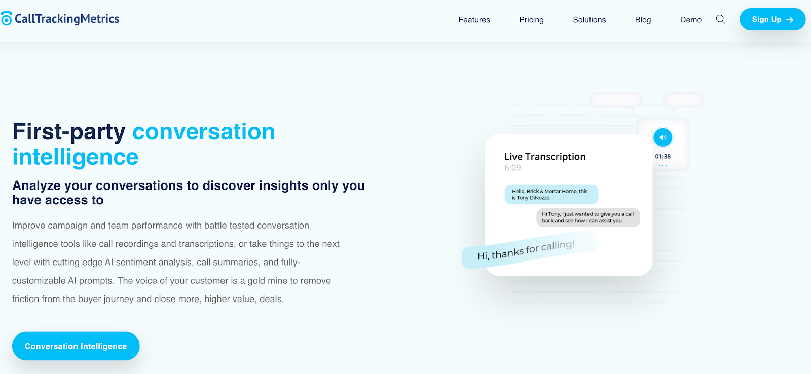 CallTrackingMetrics first-party conversation intelligence with live transcription and AI tools.